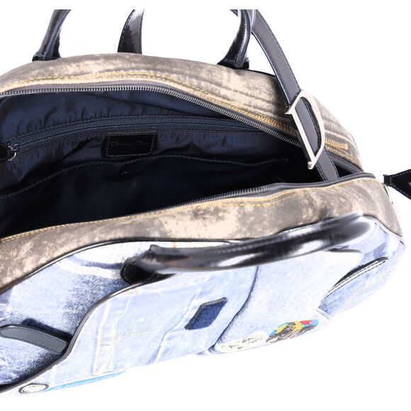Dior Denim Print Double Saddle Bowler Blue Black Multi Canvas Patent Leather - Picture 9 of 9